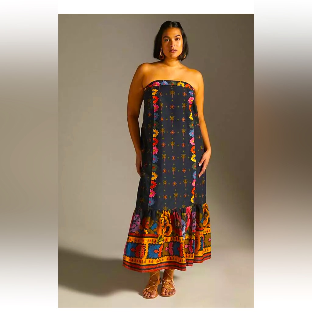Anthropologie Farm Rio Embroidered Dress Strapless Black Sz Medium Petite New